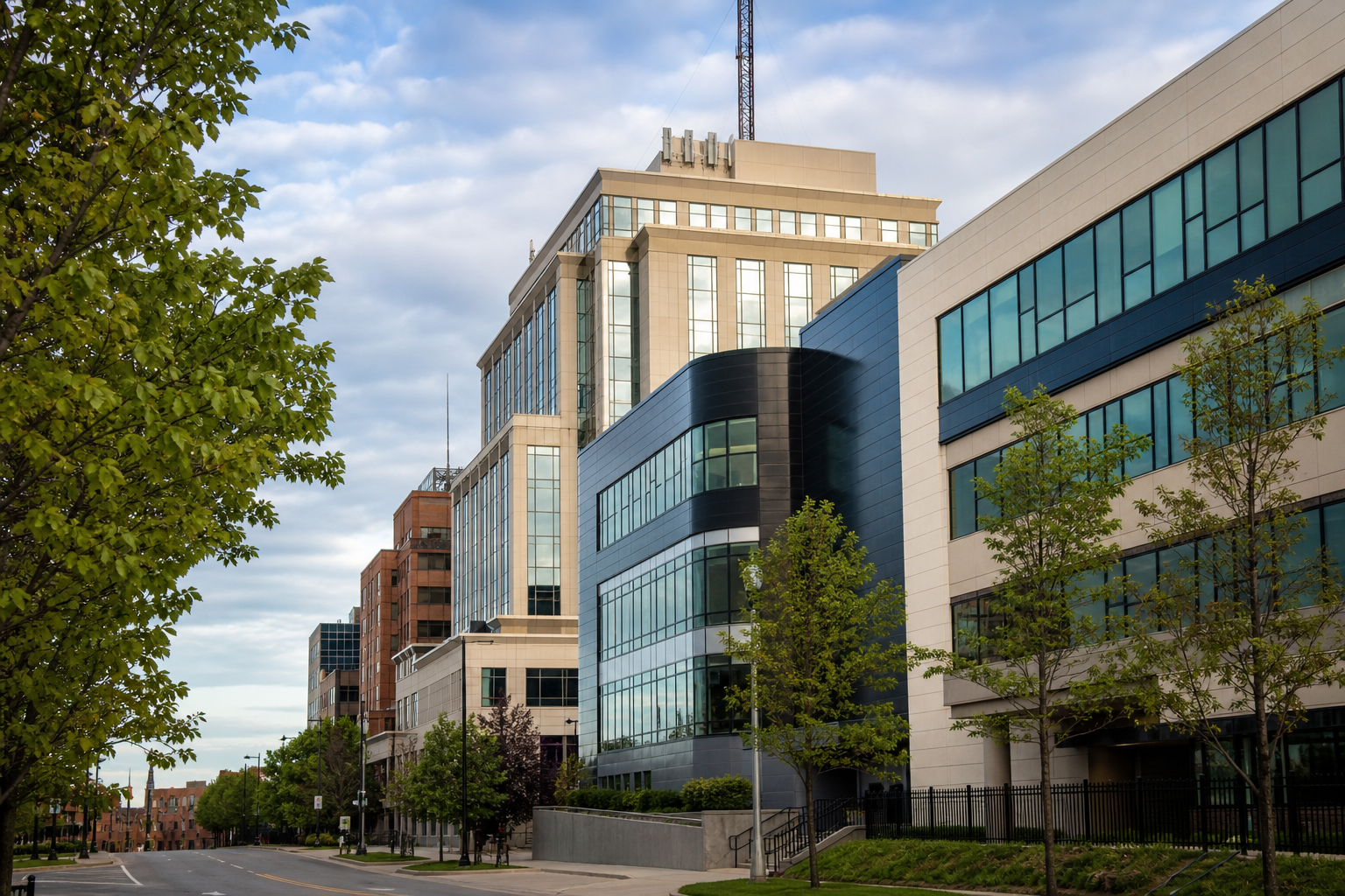 Greater Moncton streetscape with contemporary civic buildings