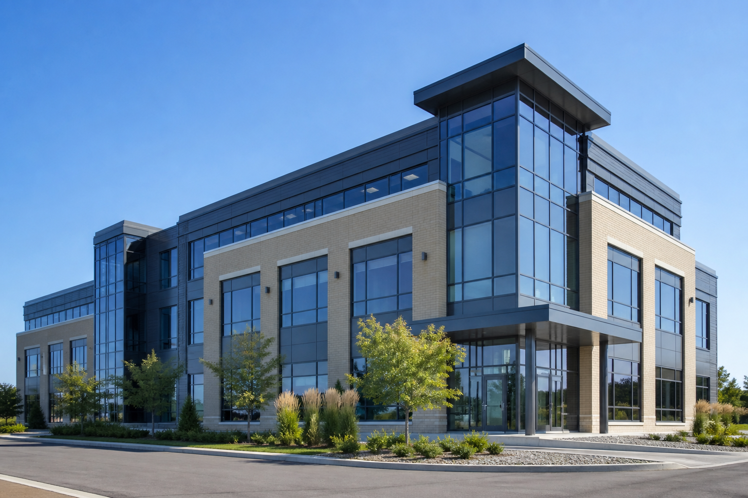 Modern commercial building photographed against a clear sky