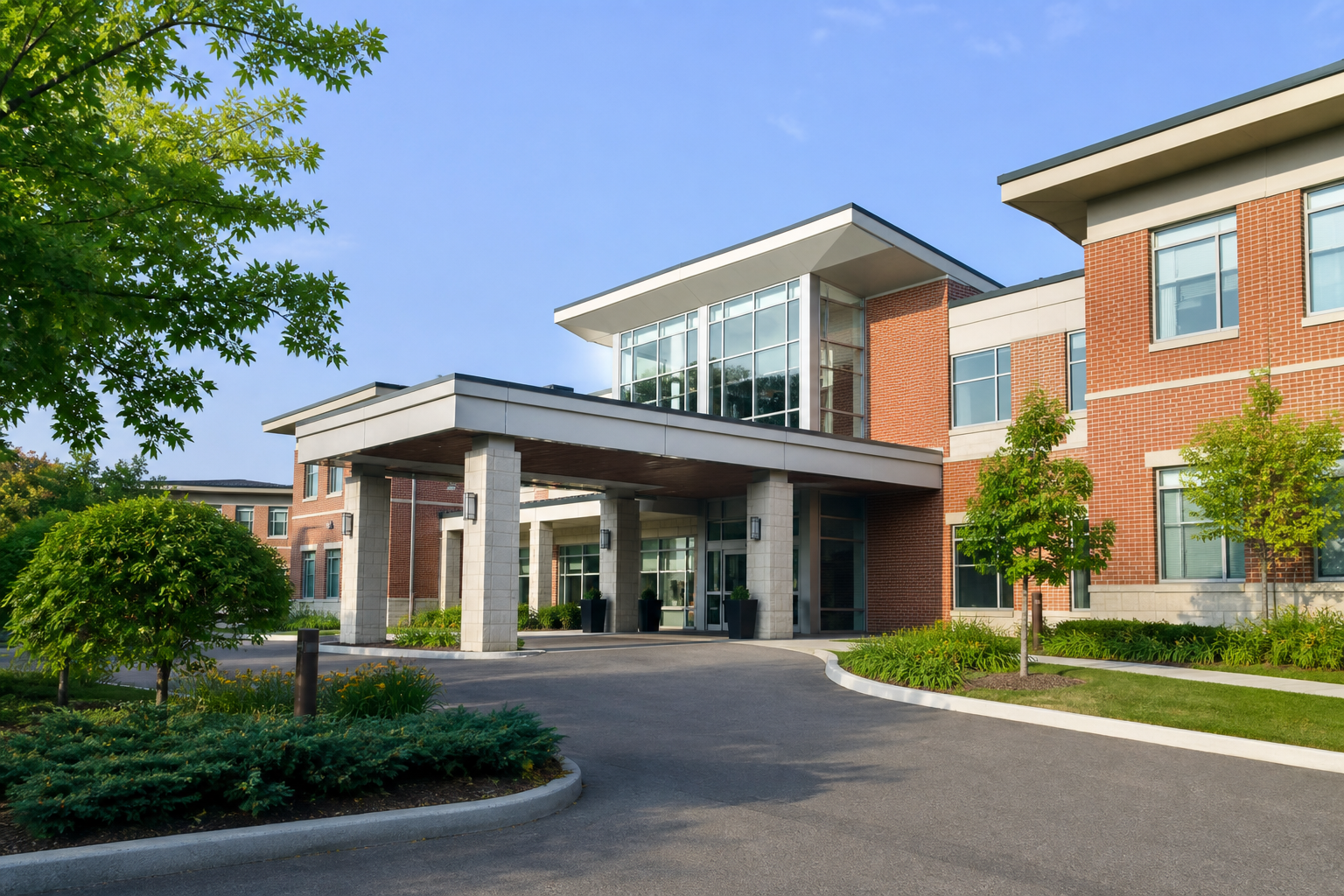 Modern civic building with a covered entrance