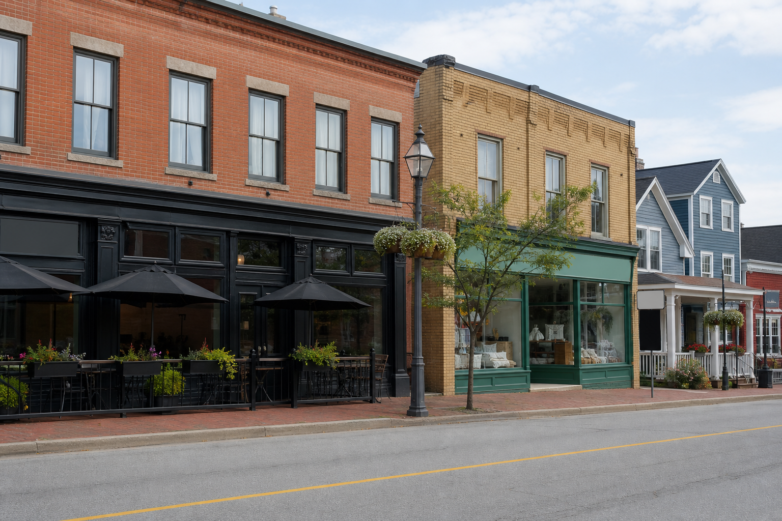 Brick storefronts on a small-town commercial street