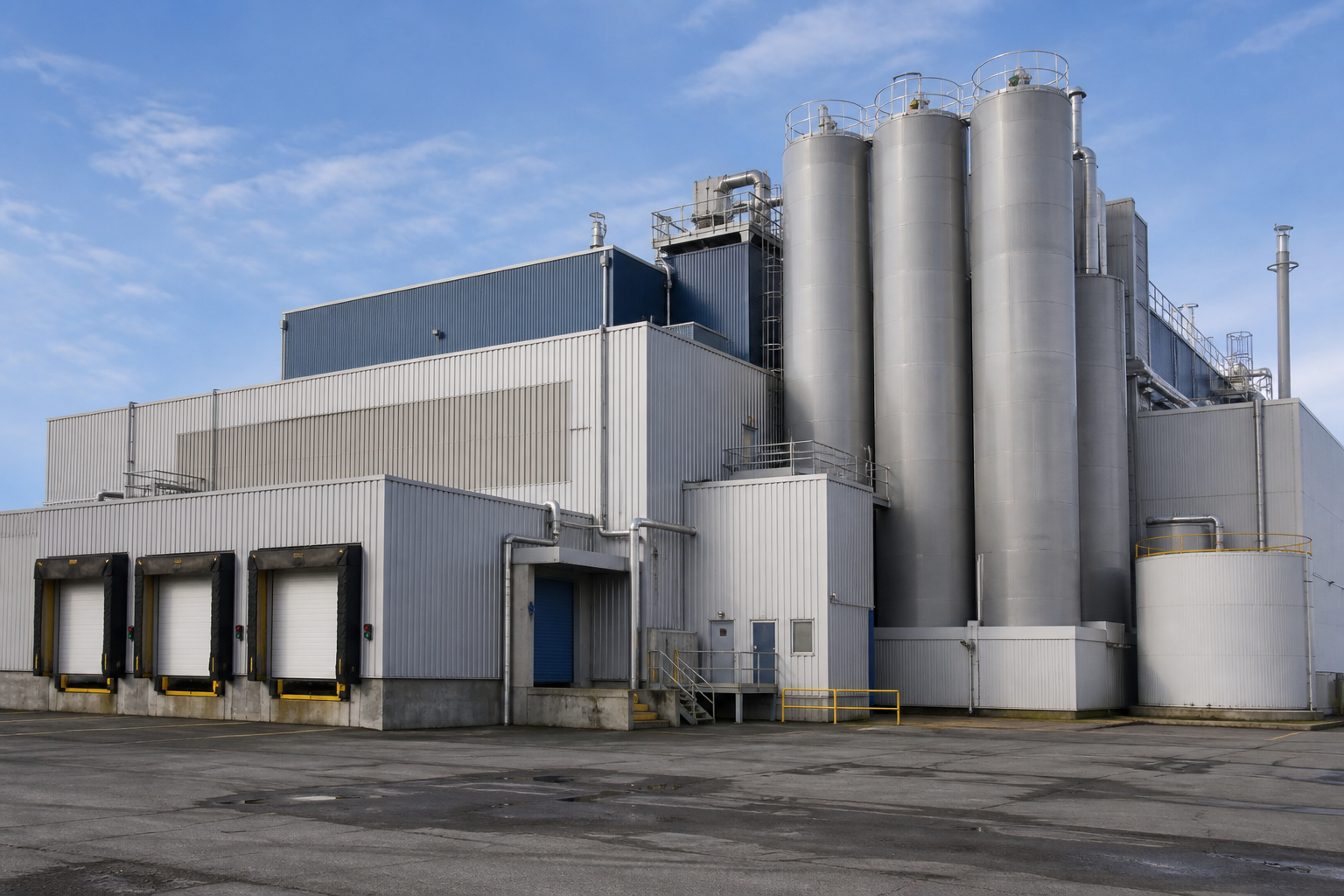 Industrial plant with loading docks and tanks