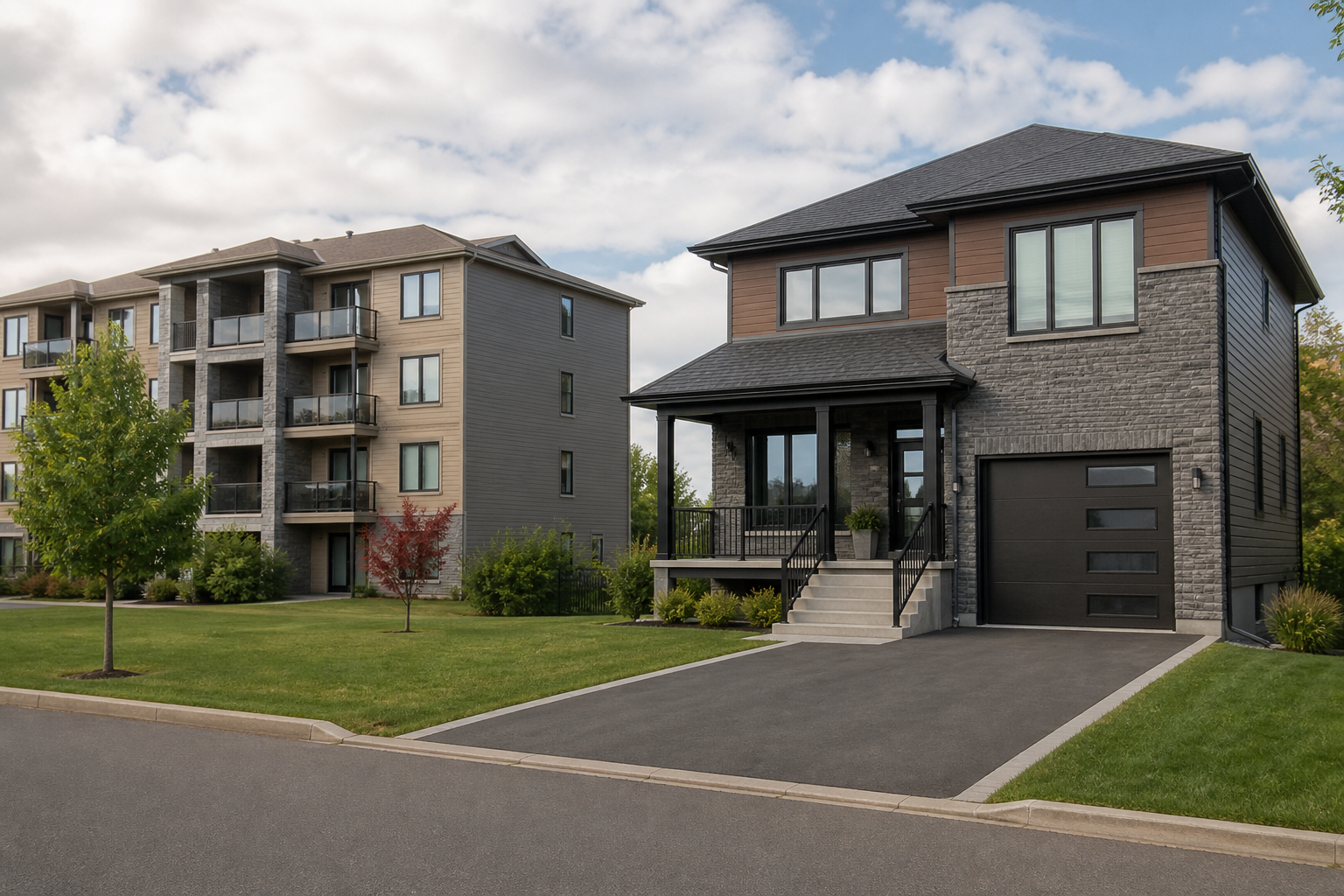 Suburban house and low-rise condominium building