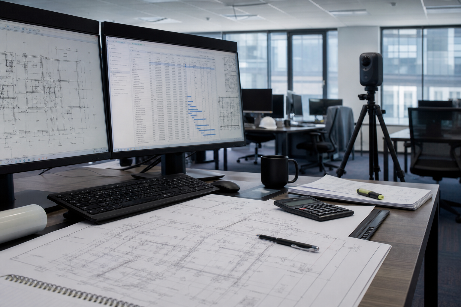 Quantity surveying workstation with drawings and dual monitors